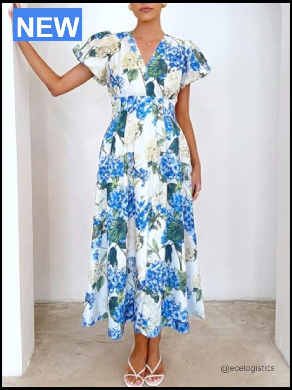 Bohemian Floral Maxi Dress V-Neck A-Line Elastic Waist Summer Wedding Guest - Picture 4 of 6